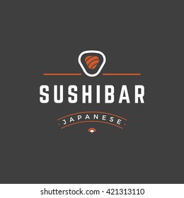 Plantilla de logotipo de Tienda de Sushi. Objeto vectorial e iconos para etiquetas o insignias, gráficos de emblema de comida japonesa. 
