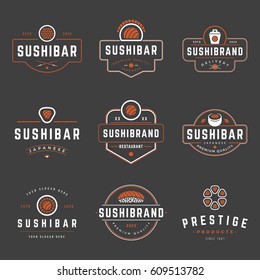 Sushi Shop Logos Templates Set. Vector objects and Icons for Sushi Labels or Badges, Japanese Food Emblems Graphics. 