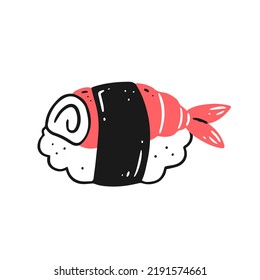 Sushi with shrimp in doodle style. Vector isolated illustration of Japanese cuisine.