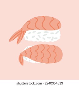 sushi with shrimp. hand drawn vector illustration in flat style