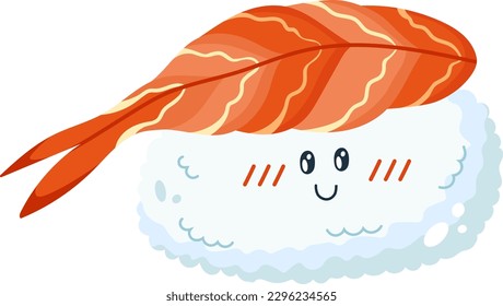 Sushi with shrimp in Kawaii style. Asian food.