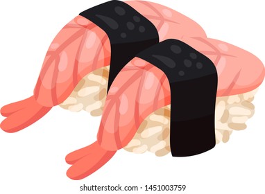 Sushi with shrimp and nori seaweed. Vector illustration on white background.