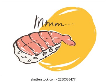 Sushi with shrimp on a yellow background close-up. Japanese rolls with seafood and rice. Logo for the brand. Vector illustration for any design.