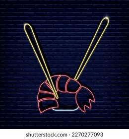 Sushi, shrimp, vector image. Neon logo, sign, badge. world cuisine.