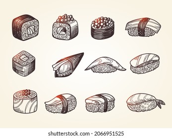 Sushi sketch. Hand drawn authentic asian food from fishes toro kani philadelphia rolls with rice recent vector products illustration isolated