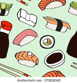 Sushi sketch. Seamless pattern with hand-drawn cartoon japanese food icon - soy sauce, sushi, chopsticks, fish. rise and avocado. Doodle drawing. Vector illustration - swatch inside