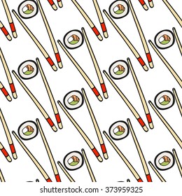 Boceto de sushi. Patrón sin fisuras con el icono de la comida japonesa de dibujos animados dibujado a mano - sushi y palillos. Dibujo de Doodle. Ilustración vectorial - muestra en el interior