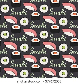 Sushi sketch. Seamless pattern with hand-drawn cartoon japanese food icon - sushi with fish and avocado. Doodle drawing. Vector illustration - swatch inside