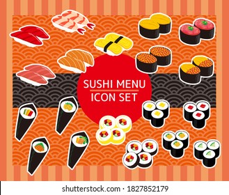 Sushi slice icon stock, tuna, shrimp, thick rolled sushi