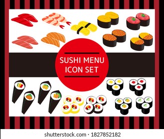 Sushi slice icon stock, tuna, shrimp, thick rolled sushi