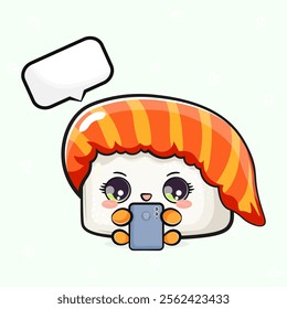 Sushi with a smartphone in hand. Vector hand drawn cartoon kawaii character illustration icon. Isolated on light green background. Sushi character concept