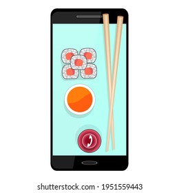 Sushi and smartphone. Vector illustration.
