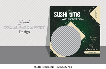 Sushi social media post design. Seafood and sushi design for restaurant and hotels. Healthy and delicious sushi advertisement, discount offer. Clean, editable. Unique geometric shapes and layout.