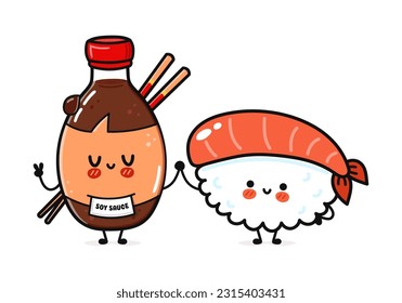 Sushi and soy sauce character. Vector hand drawn cartoon kawaii characters, illustration icon. Funny cartoon happy Sushi and soy sauce friends