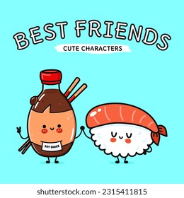 Sushi and soy sauce character. Vector hand drawn cartoon kawaii characters, illustration icon. Funny cartoon happy Sushi and soy sauce friends