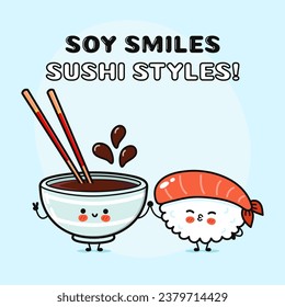 Sushi and soy sauce character. Vector hand drawn cartoon kawaii characters, illustration icon. Funny cartoon happy Sushi and soy sauce friends