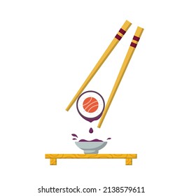 Sushi and Soy Sauce with Chopstick Flat Illustration. Clean Icon Design Element on Isolated White Background