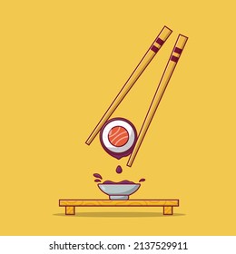 Sushi and Soy Sauce with Chopstick Vector Icon Illustration. Japanese Food Vector. Flat Cartoon Style Suitable for Web Landing Page, Banner, Flyer, Sticker, Wallpaper, Background