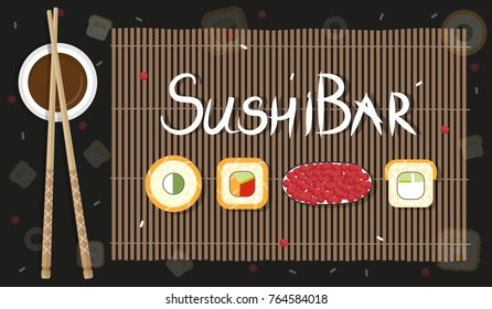 sushi, soy sauce and inscription sushi bar vector illustration