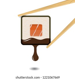 Sushi square roll logotype with salmon dipped in teriyaki sauce holded with chopsticks on white background.