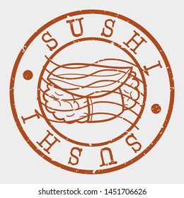 Sushi Stamp. Fast Food Silhouette Seal. Round Design. Vector Icon. Design Retro Insignia.
