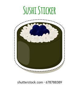 Sushi sticker, asian food with fish, rice, seaweed, caviar label. Made in cartoon flat style. Vector illustration