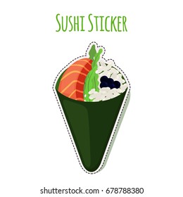 Sushi sticker, asian food with salmon, rice, seaweed, caviar label. Made in cartoon flat style. Vector illustration
