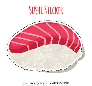 Sushi sticker, asian food with trout, rice, seaweed and caviar. Made in cartoon flat style. Vector illustration