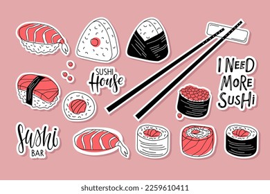 Sushi sticker pack. Handwritten inscription and different sushi types sketch doodle vector. Sign for Card, Label, Poster, bar logo, menu design, label element. Japanese food symbol. Vector stickers.