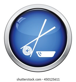 Sushi with sticks icon. Glossy button design. Vector illustration.