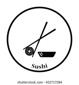Sushi with sticks icon. Thin circle design. Vector illustration.
