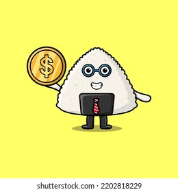 Sushi successful businessman holding gold coin cartoon vector image illustration