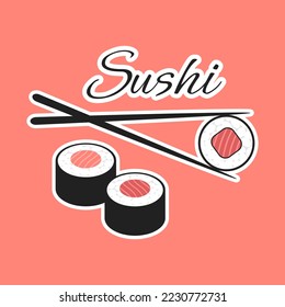 Sushi as a symbol of asian food. Flat illustration of chopsticks holding a sushi roll. Stickers set of Asian food.