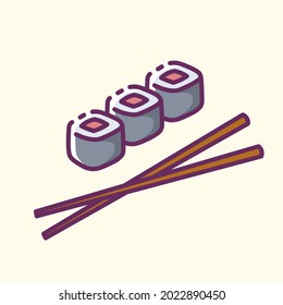 Sushi as a symbol of a Japanese cuisine colored icon. Collection of signs in different food categories. Symbols for restaurant decoration. Vector stylish outline illustrations on yellow background.