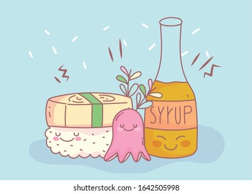 sushi syrup bottle and octopus menu restaurant food cute vector illustration