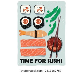 Sushi t shirt artwork. Sushi platter design. Food love club art. Sushi love club artwork for t shirt print, poster, sticker and other uses.