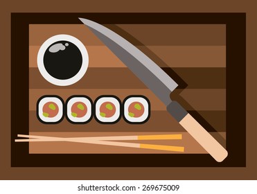 Sushi table is a flat style vector illustration depicting a sushi table with his knife and his accompanying sauce.