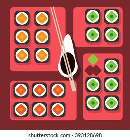 sushi table on color background flat style