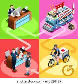 Sushi take away Japanese food truck and white car or van for fast home delivery vector infographic. Isometric people delivery man worker processing online order at the client customer door