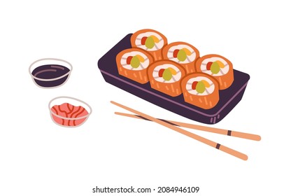 Sushi in takeaway container, chopsticks and sauces. Fresh Asian rolls in delivery box. Japanese take-away food. Japan lunch composition. Colored flat vector illustration isolated on white background