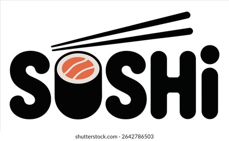 Sushi Text Logo with Roll and Chopsticks Vector	
