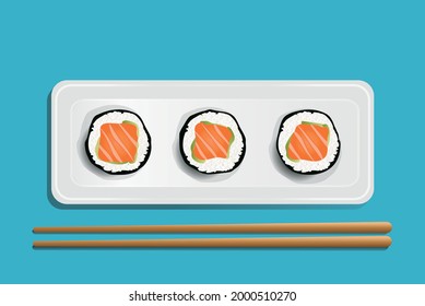 Sushi, three sushi on a rectangular white plate
