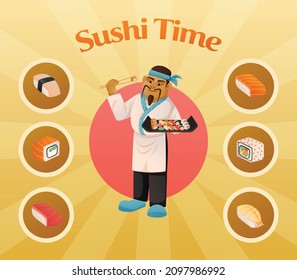 Sushi time cartoon composition with japanese chef character in center and round icons with different fresh dishes vector illustration
