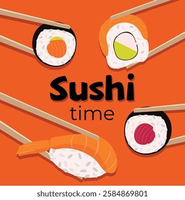 Sushi Time – Colorful Japanese Food Illustration with Chopsticks, A vibrant and modern flat design illustration featuring various types of sushi, including nigiri and maki rolls