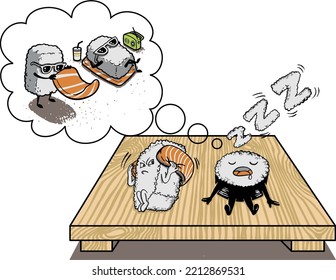Es hora de sushi. Colores editables y curvas vectoriales. Se puede editar fácilmente con cualquier software de diseño vectorial.
Para tus camisetas imprimir, diseños de pegatinas, afiches, elemento vector, etc.