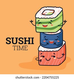 Sushi Time Kawaii Style Card Or Banner Mockup With Cute Sushi Pieces Cartoon Characters Vector Illustration. Japanese Restaurant Banner For Menu Or Poster.