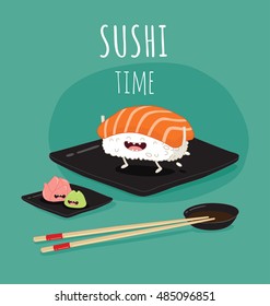 Sushi time poster.  Funny sushi on a black plate. Vector illustration. Use for card, poster, banner, web design and print on t-shirt. Easy to edit.