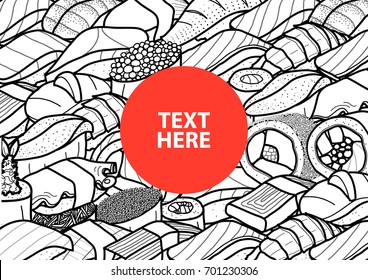 It's a sushi time poster. Sushi illustration in light gray color subtracts on dark blue text. White background. Multiple exposures.