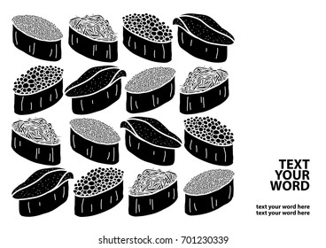 It's a sushi time poster. Sushi illustration in light gray color subtracts on dark blue text. White background. Multiple exposures.