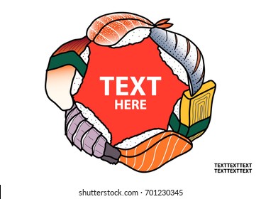 It's a sushi time poster. Sushi illustration in light gray color subtracts on dark blue text. White background. Multiple exposures.